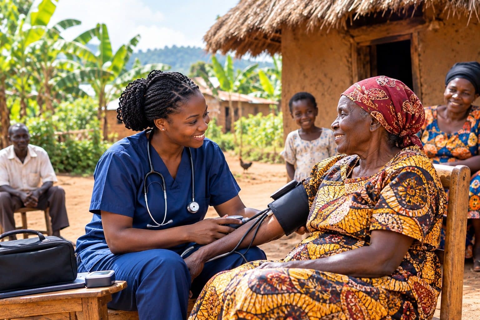 A nurse checking an elderly patient's blood pressure at home